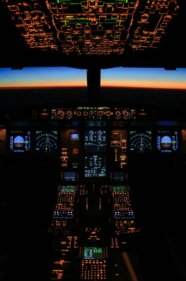 Interface de cockpit associant une frise chronologique de vol et une carte de navigation.
